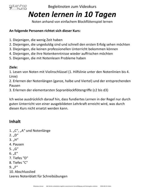 Noten lernen in 10 Tagen (Begleitheft)